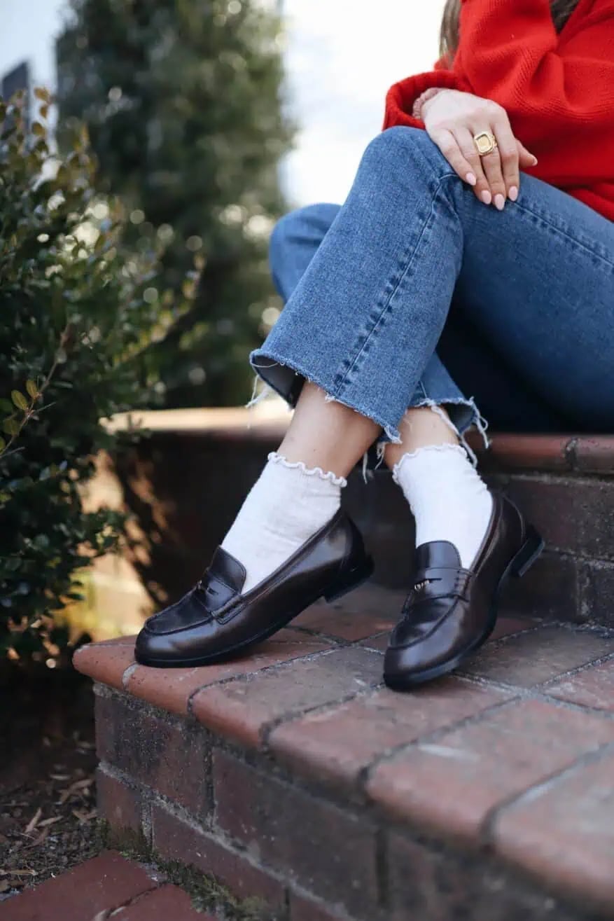 Casual Brown Loafers With Jeans And Red Sweater — Classy Black Loafers Outfit
