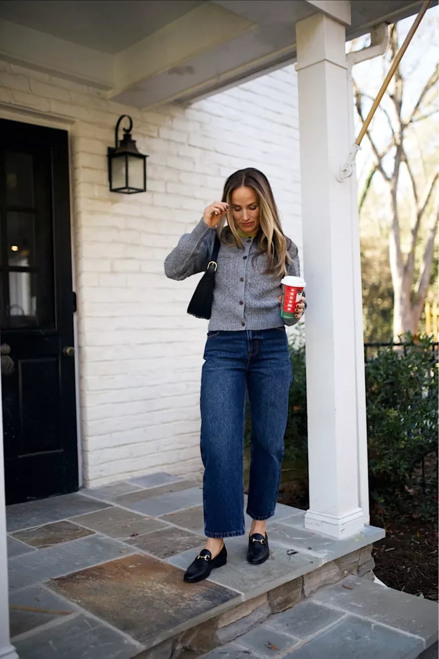 Relaxed Black Loafers With Wide Leg Jeans And Cardigan — Classy Black Loafers Outfit