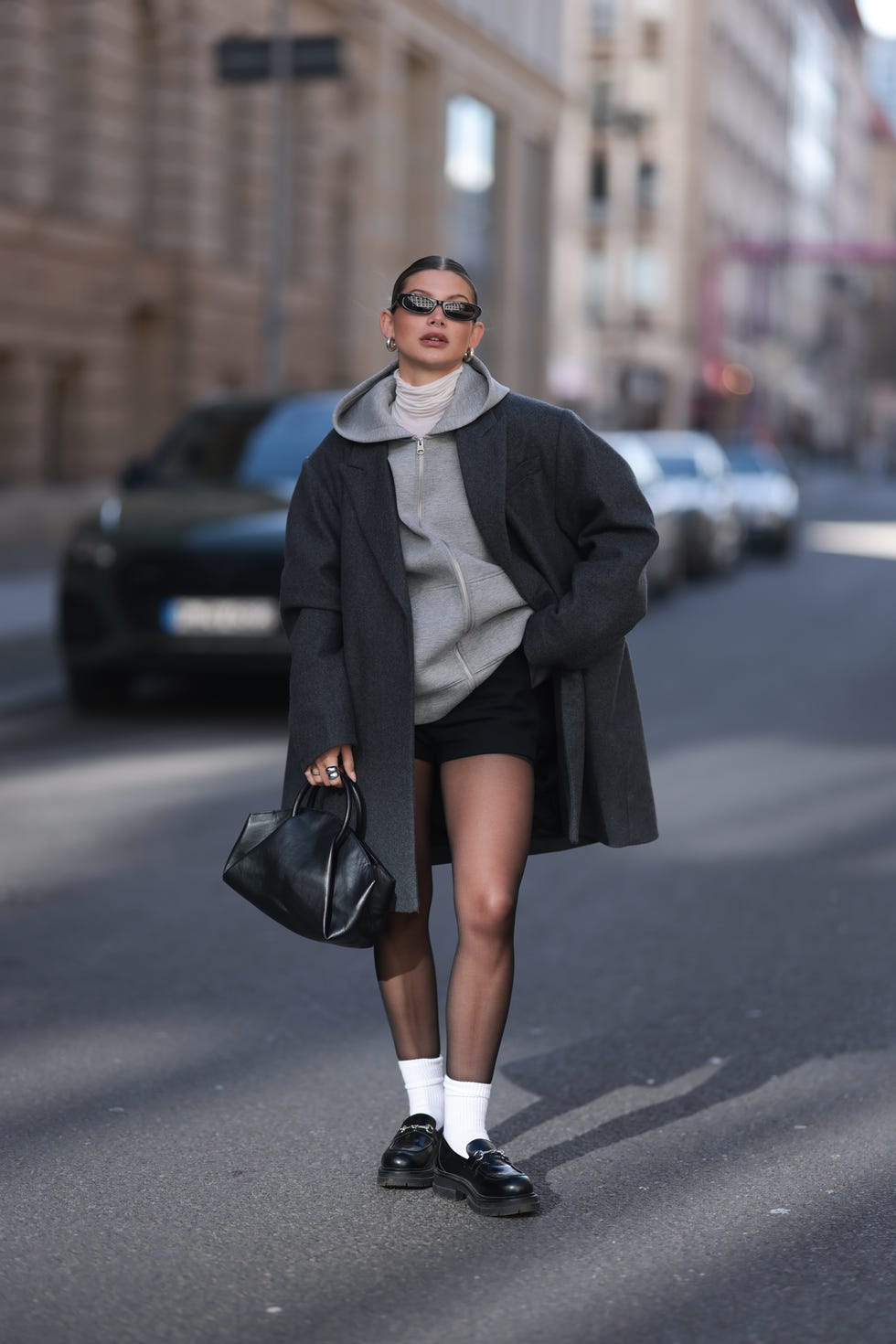 Casual Black Loafers With Shorts And Gray Hoodie — Classy Black Loafers Outfit