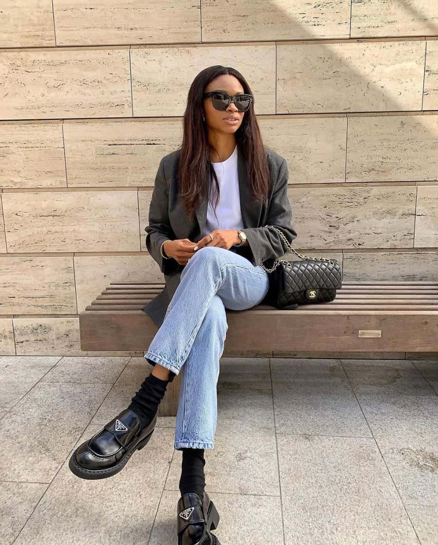 Relaxed Black Loafers With Jeans And Gray Blazer — Classy Black Loafers Outfit