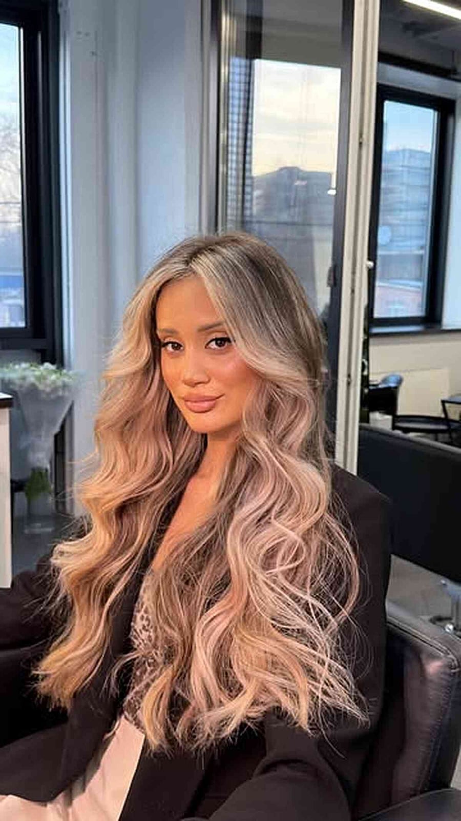 Dimensional Beige Blonde Mid-Back Waves with Curtain Bangs Dimensional Beige Blonde Mid-Back Waves with Curtain Bangs — Classy Blonde Wavy Hair