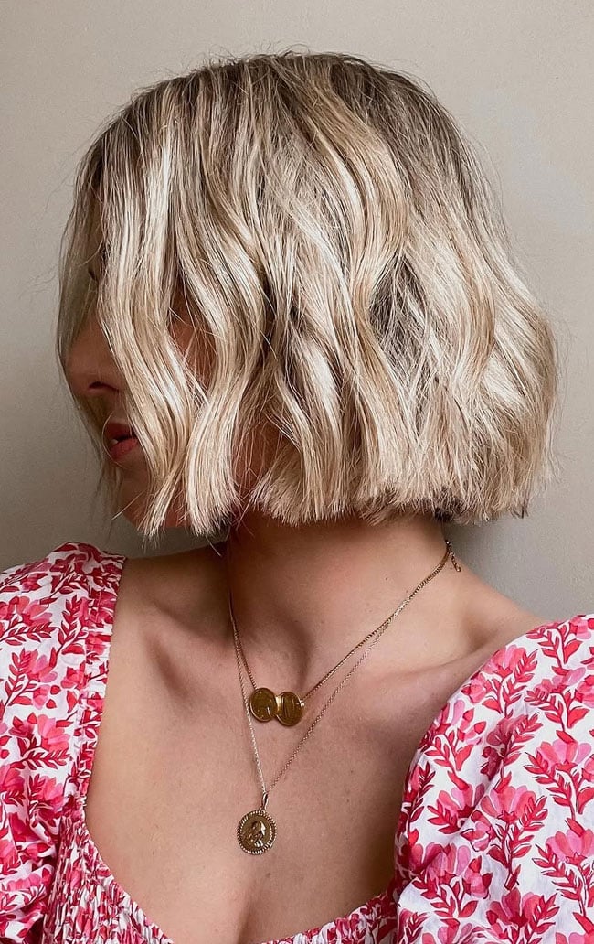 Buttery Blonde Chin Bob with Beachy Waves Buttery Blonde Chin Bob with Beachy Waves — Classy Blonde Wavy Hair