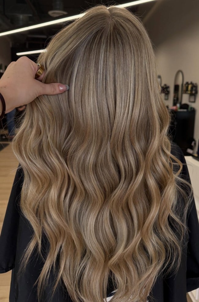 Taupe Blonde Mid-Back Waves with Lived-In Dimension Taupe Blonde Mid-Back Waves with Lived-In Dimension — Classy Blonde Wavy Hair