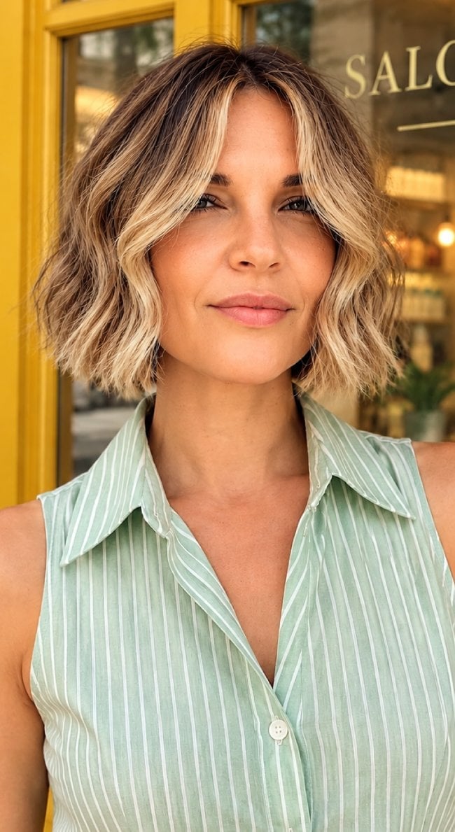 Beige Blonde Bob with Face-Framing Curtain Bangs Beige Blonde Bob with Face-Framing Curtain Bangs — Classy Blonde Wavy Hair