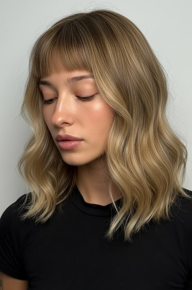 Collarbone Lob with Wispy Fringe and Darker Roots Collarbone Lob with Wispy Fringe and Darker Roots — Classy Blonde Wavy Hair