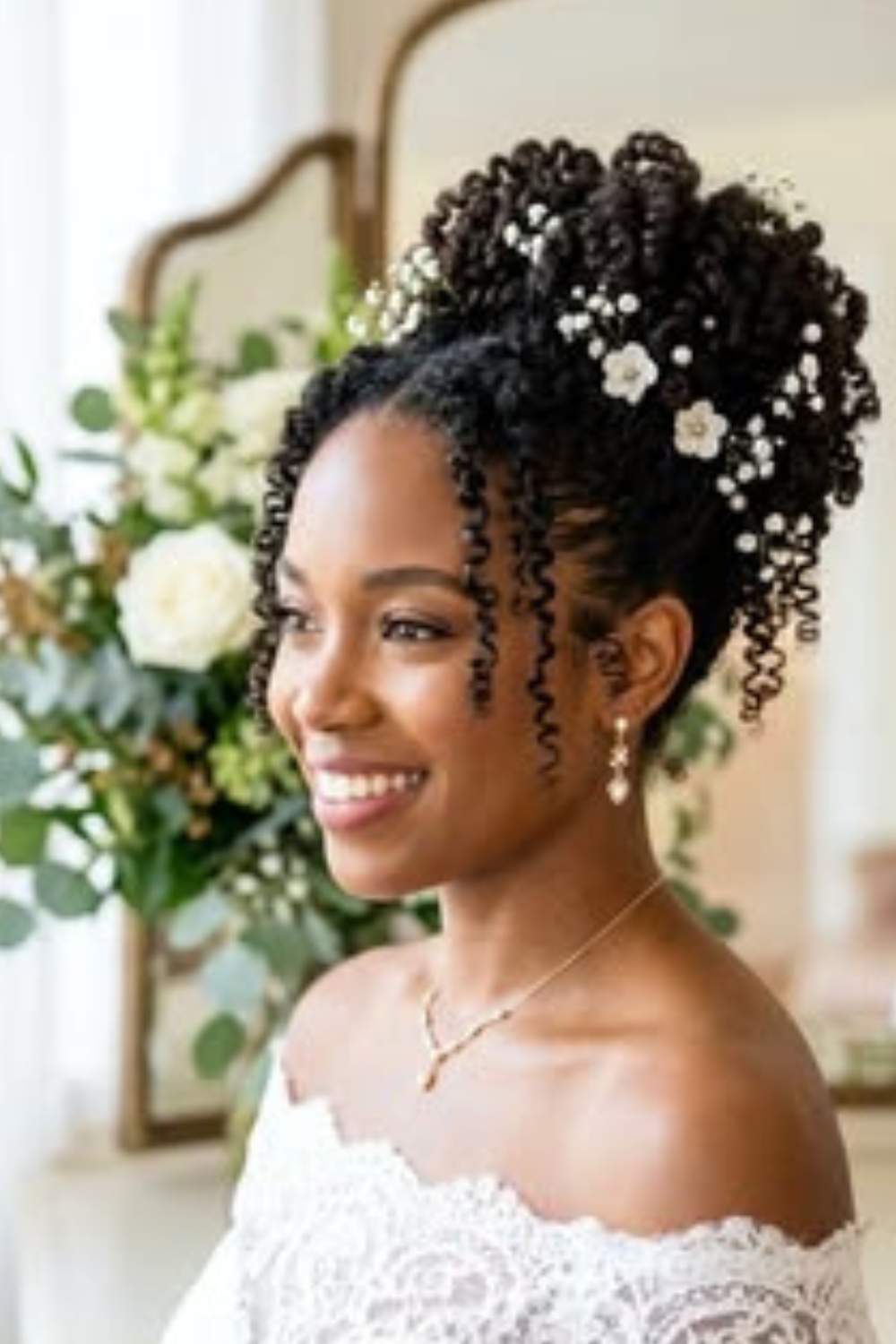 Black Coily High Updo With Floral and Pearl Decor — Classy Bridal Hair