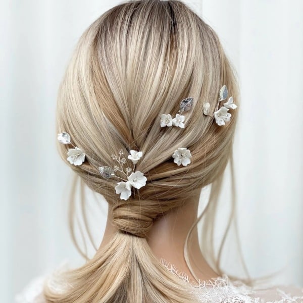 Ash Blonde Low Ponytail With Floral Pins — Classy Bridal Hair