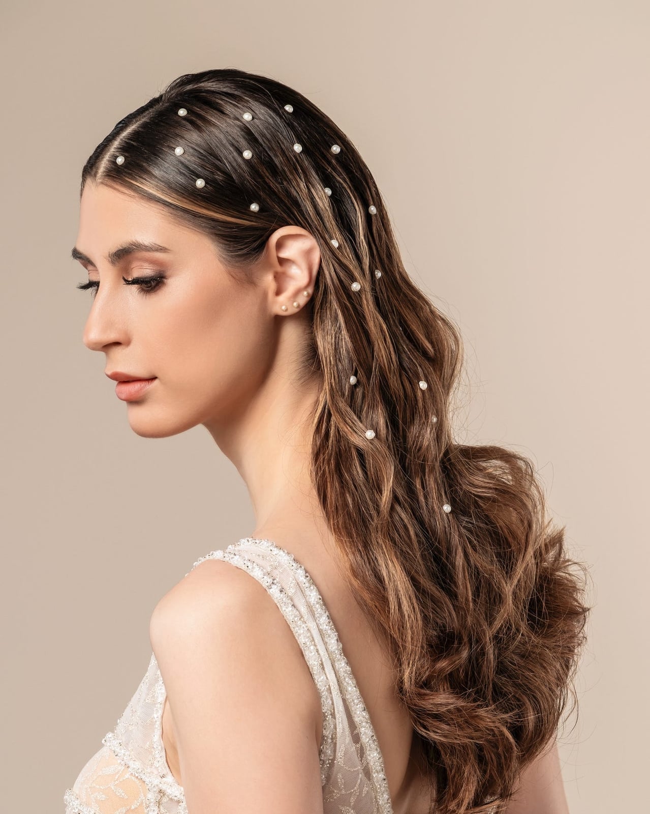 Dark Brown Waves With Pearl Embellishments — Classy Bridal Hair