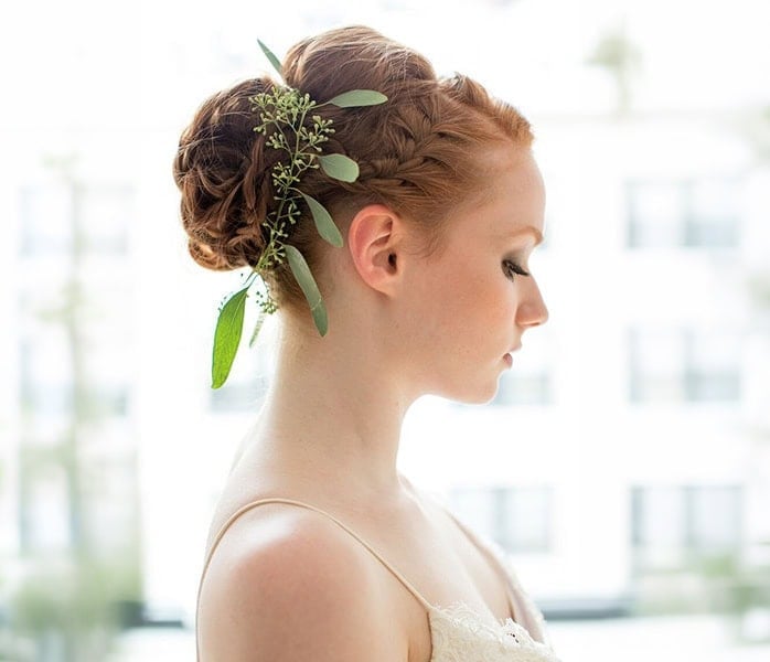 Red Twisted Updo With Botanical Accents — Classy Bridal Hairstyles