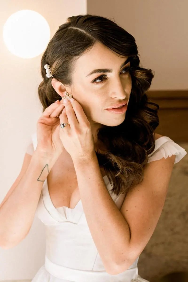 Dark Brown Loose Waves Pinned With Pearls — Classy Bridal Hairstyles
