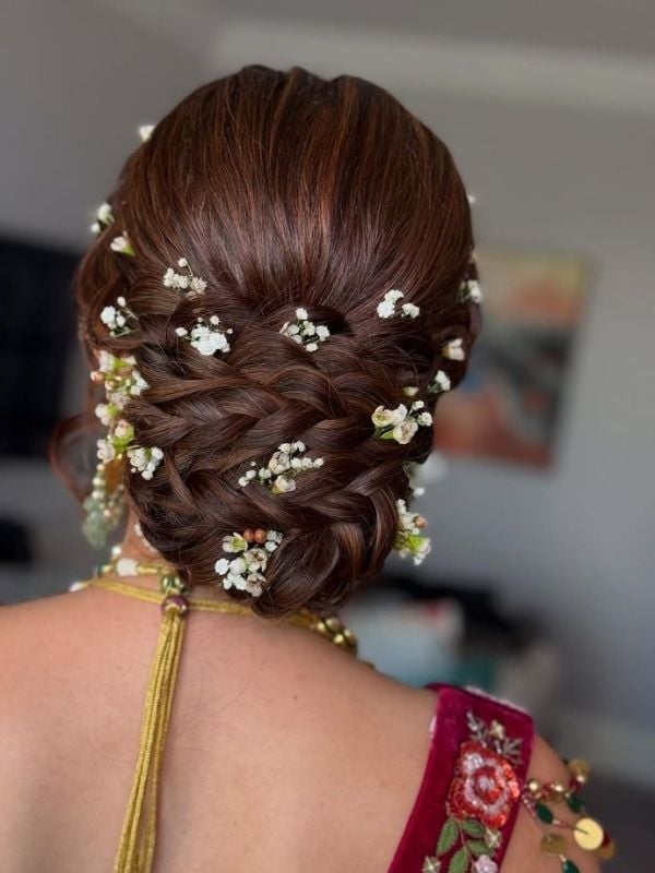 Dark Brown Braided Updo With White Flowers — Classy Bridal Hairstyles