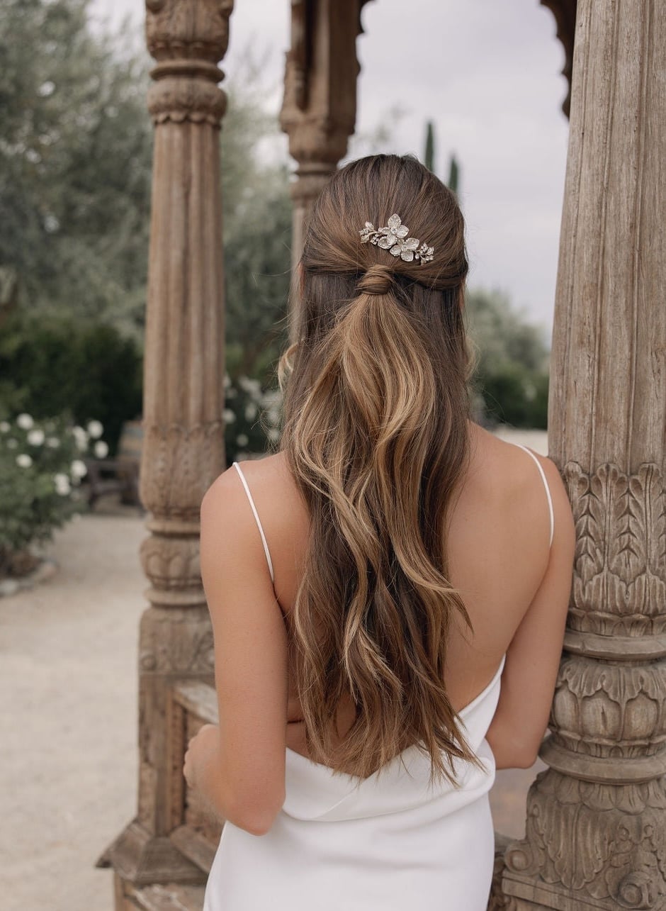 Brunette Half Up Half Down Ponytail With Flowers — Classy Bridal Hairstyles