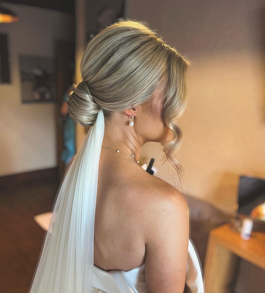 Ash Blonde Twisted Low Bun With Veil, Mid-Back — Classy Bridal Hairstyles