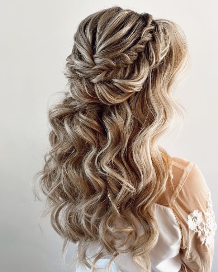 Half Up Half Down With Braided Crown Ash Blonde — Classy Bridal Hairstyles