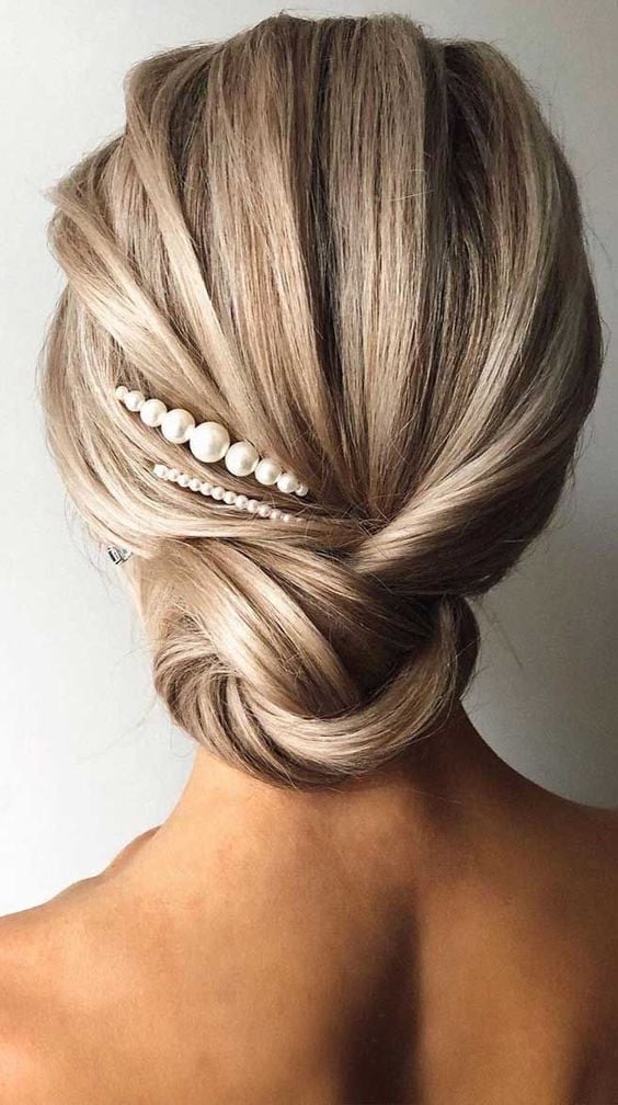 Ash Blonde Twisted Low Bun With Pearls — Classy Bridal Hairstyles