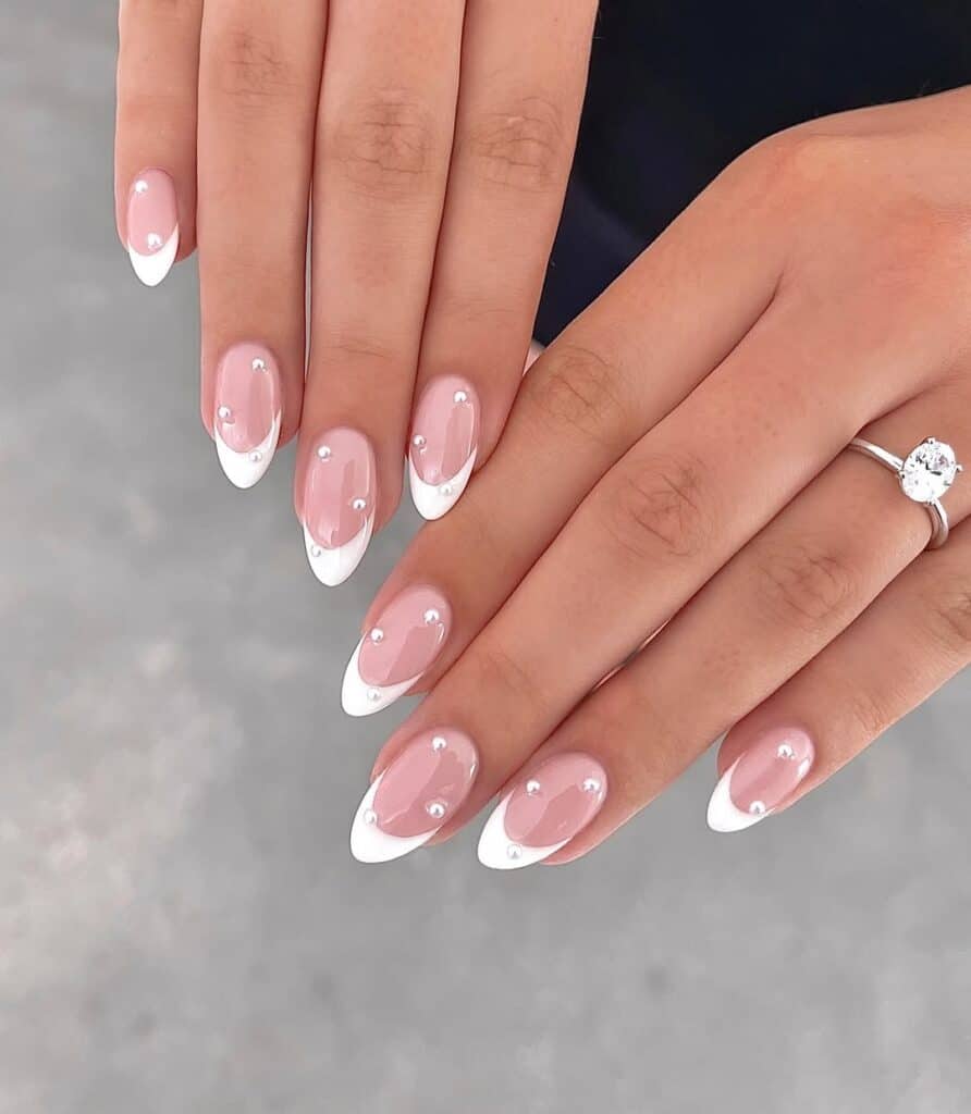 Short Almond Pearl French Tip — Classy Bride Nail