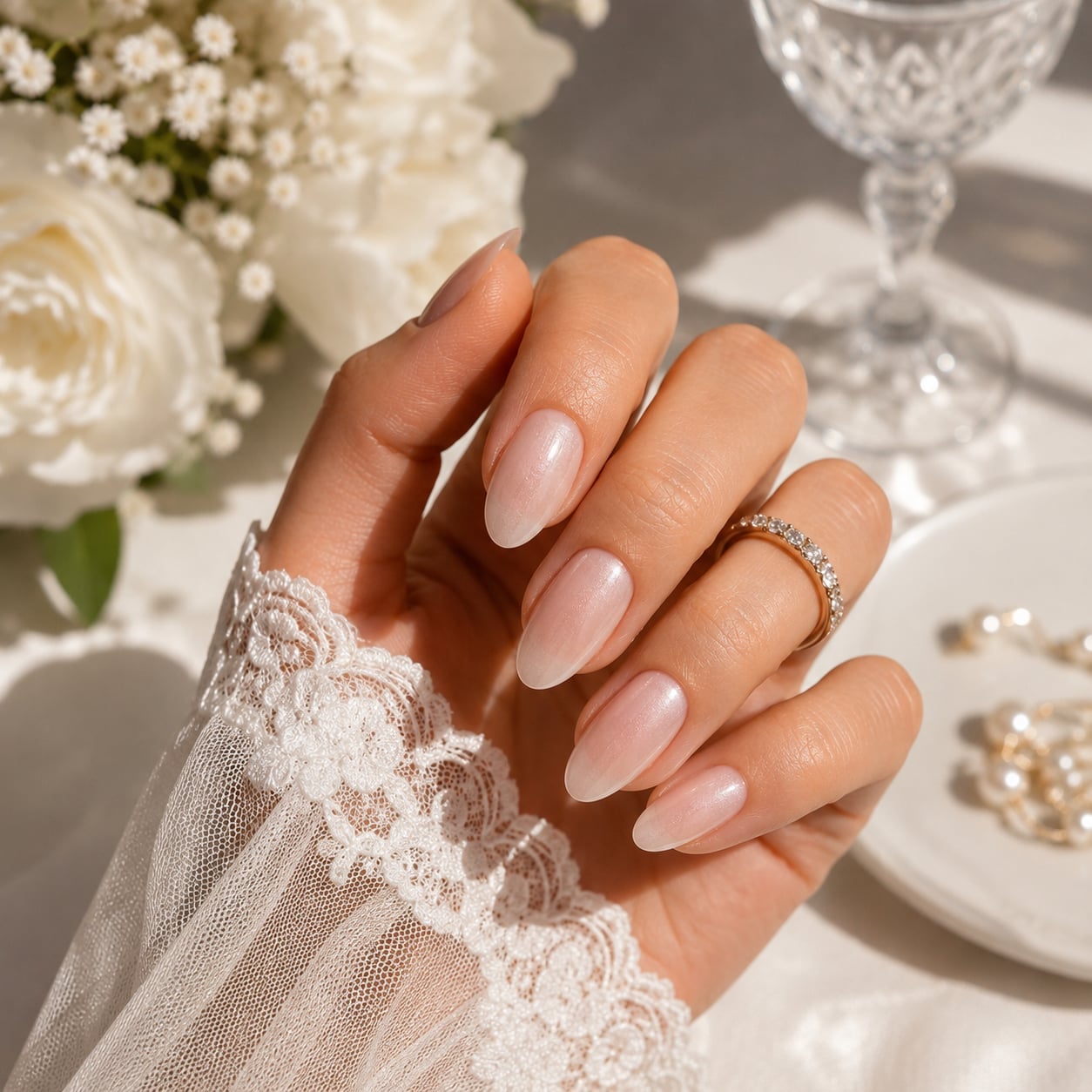 Medium Almond Pale Pink Shimmer — Classy Bride Nail
