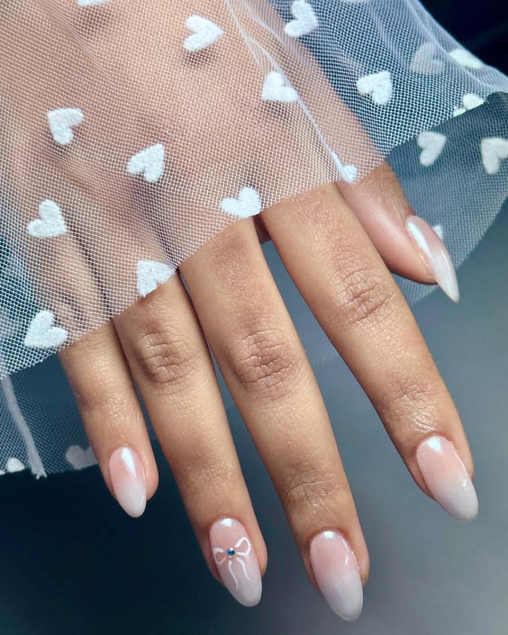Medium Almond Pearlescent Pink Bow — Classy Bride Nail