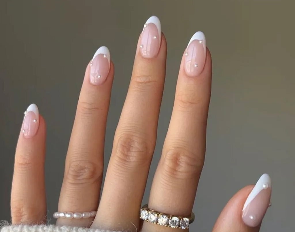Medium Almond Pink French Pearls — Classy Bride Nail