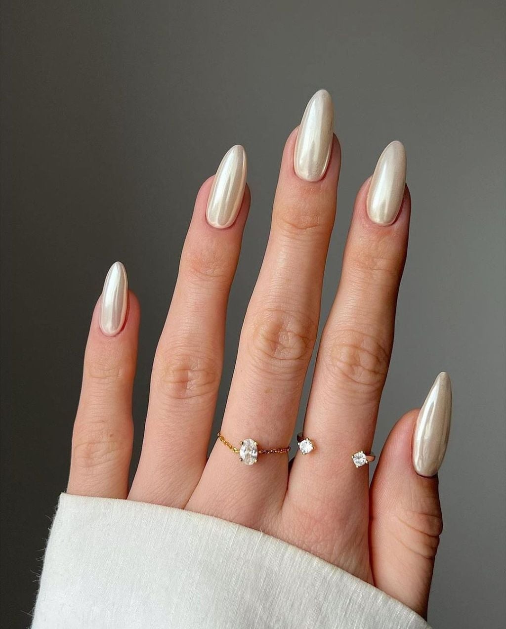 Long Almond Milky White Chrome — Classy Bride Nail