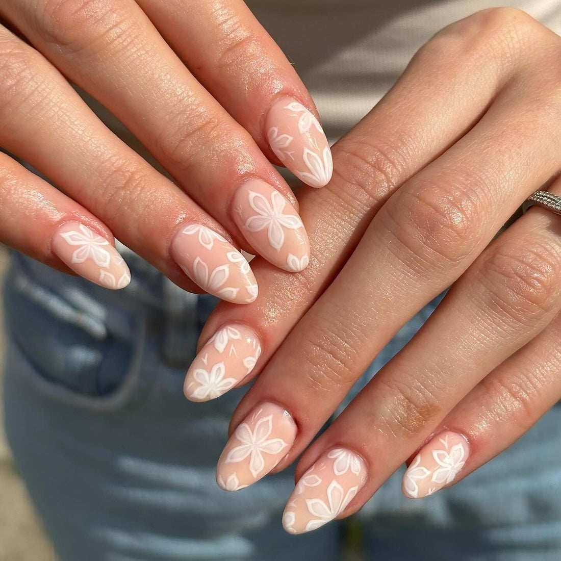 Sheer Nude White Floral Pattern — Classy Bride Nail