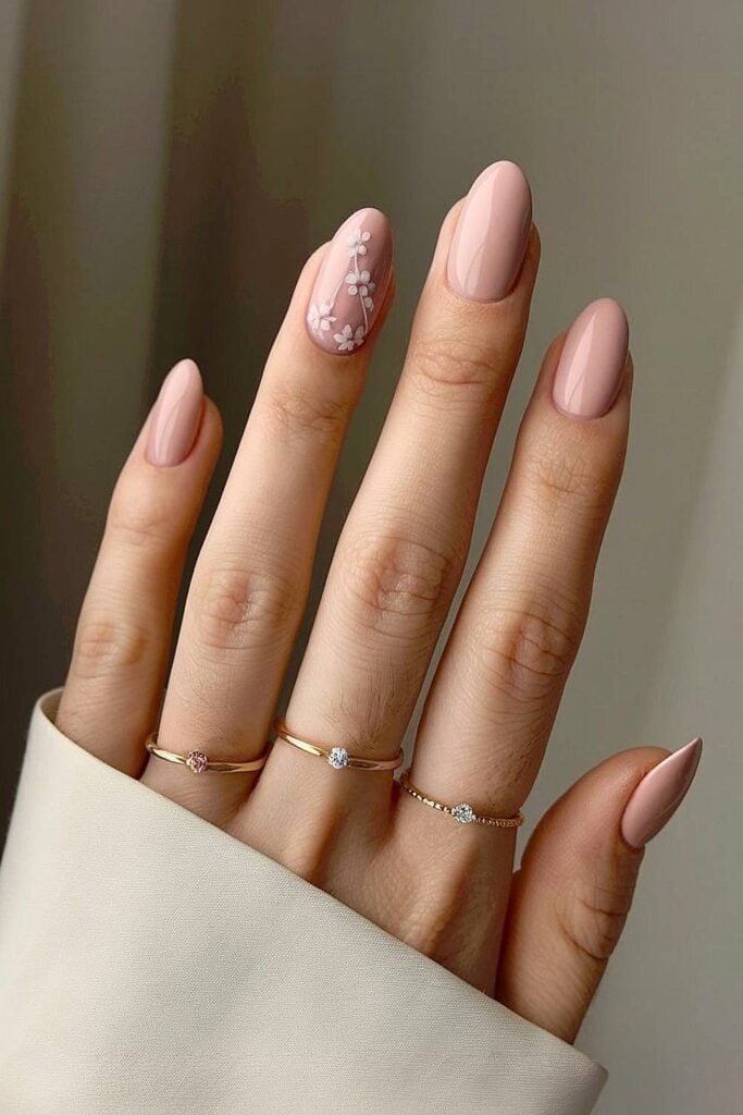 Short Nude Soft Floral Art Glossy — Classy Bride Nail