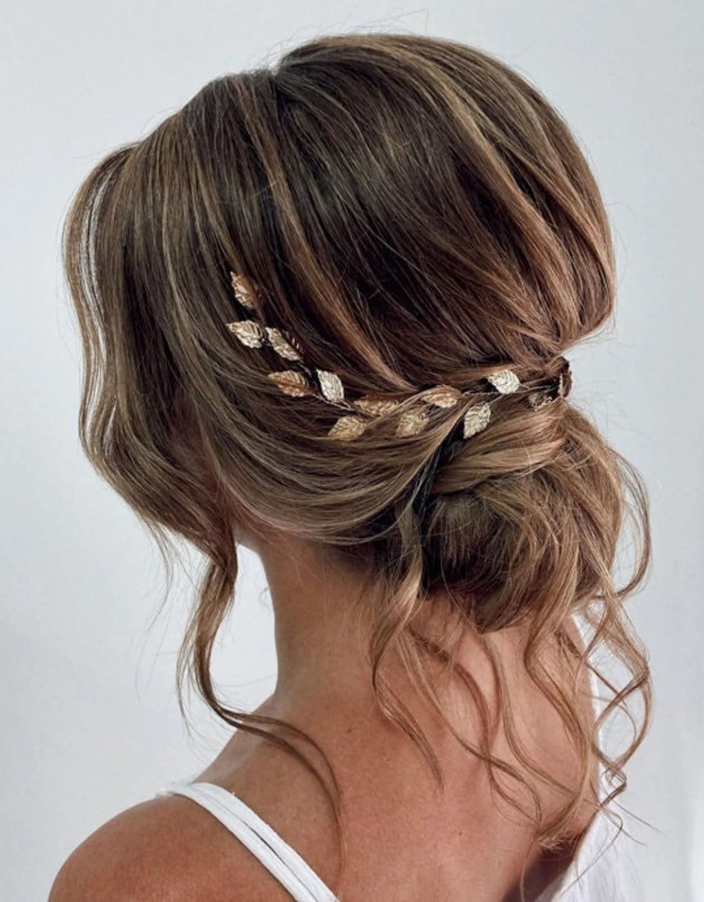 Brunette Loose Updo With Gold Vine Brunette Loose Updo With Gold Vine — Classy Bridesmaid Hair