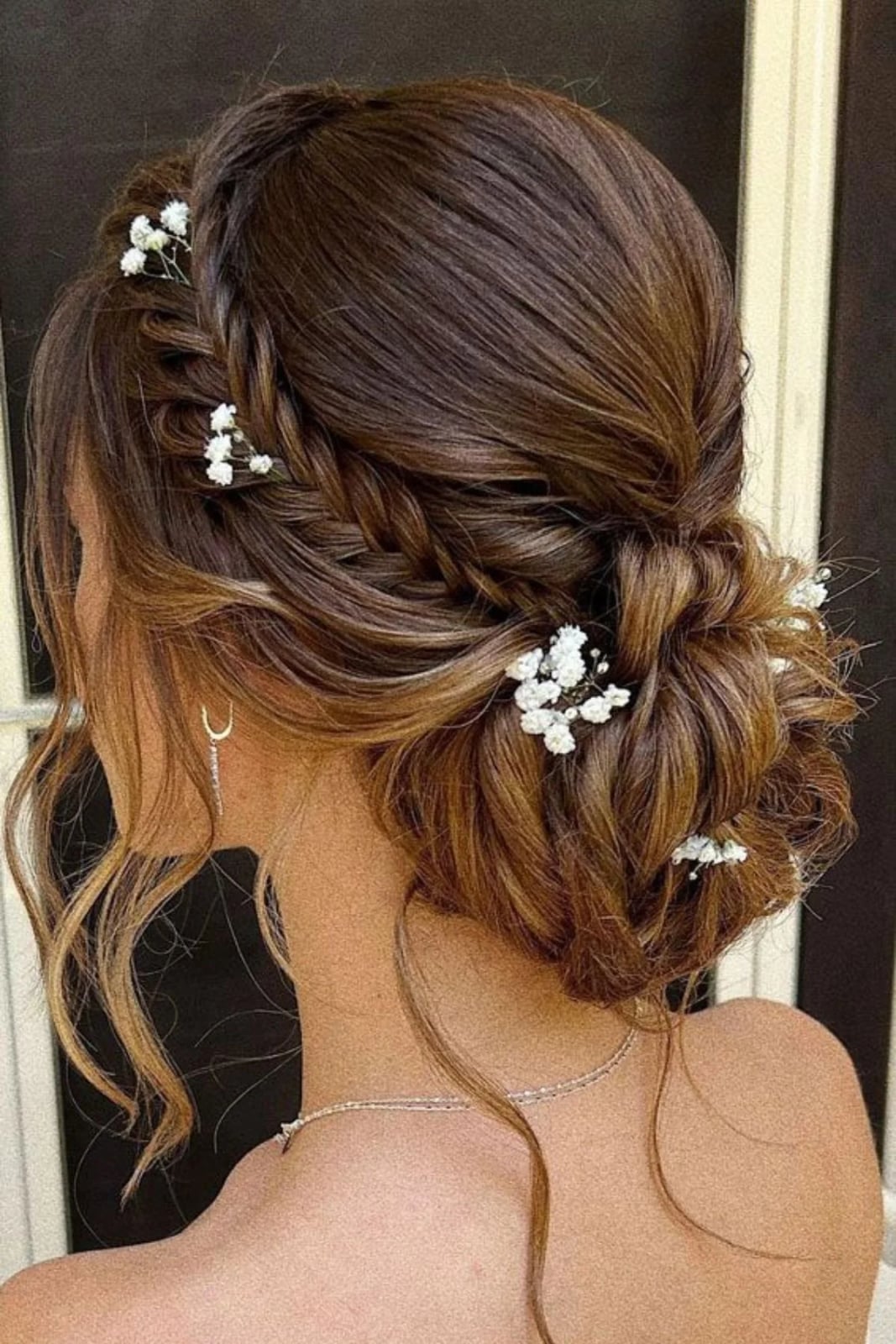 Dark Brown Braided Updo With Floral Accents Dark Brown Braided Updo With Floral Accents — Classy Bridesmaid Hair