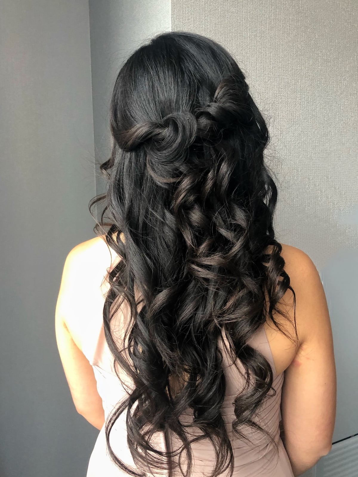 Dark Brown Half-Up With Voluminous Curls Dark Brown Half-Up With Voluminous Curls — Classy Bridesmaid Hair