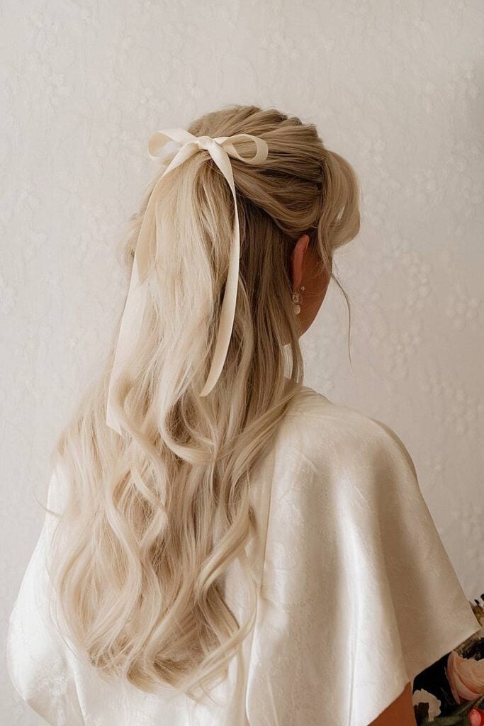Ash Blonde Half-Up With Ribbon Bow Ash Blonde Half-Up With Ribbon Bow — Classy Bridesmaid Hair