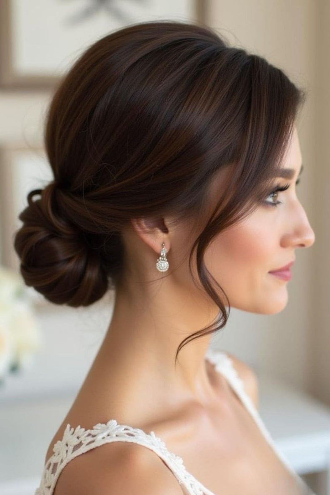 Romantic Dark Brown Chignon With Tendrils Romantic Dark Brown Chignon With Tendrils — Classy Bridesmaid Hair