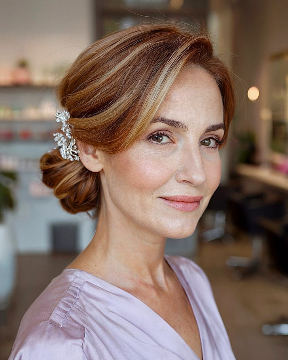 Auburn Collarbone Updo With Side Bangs Auburn Collarbone Updo With Side Bangs — Classy Bridesmaid Hair