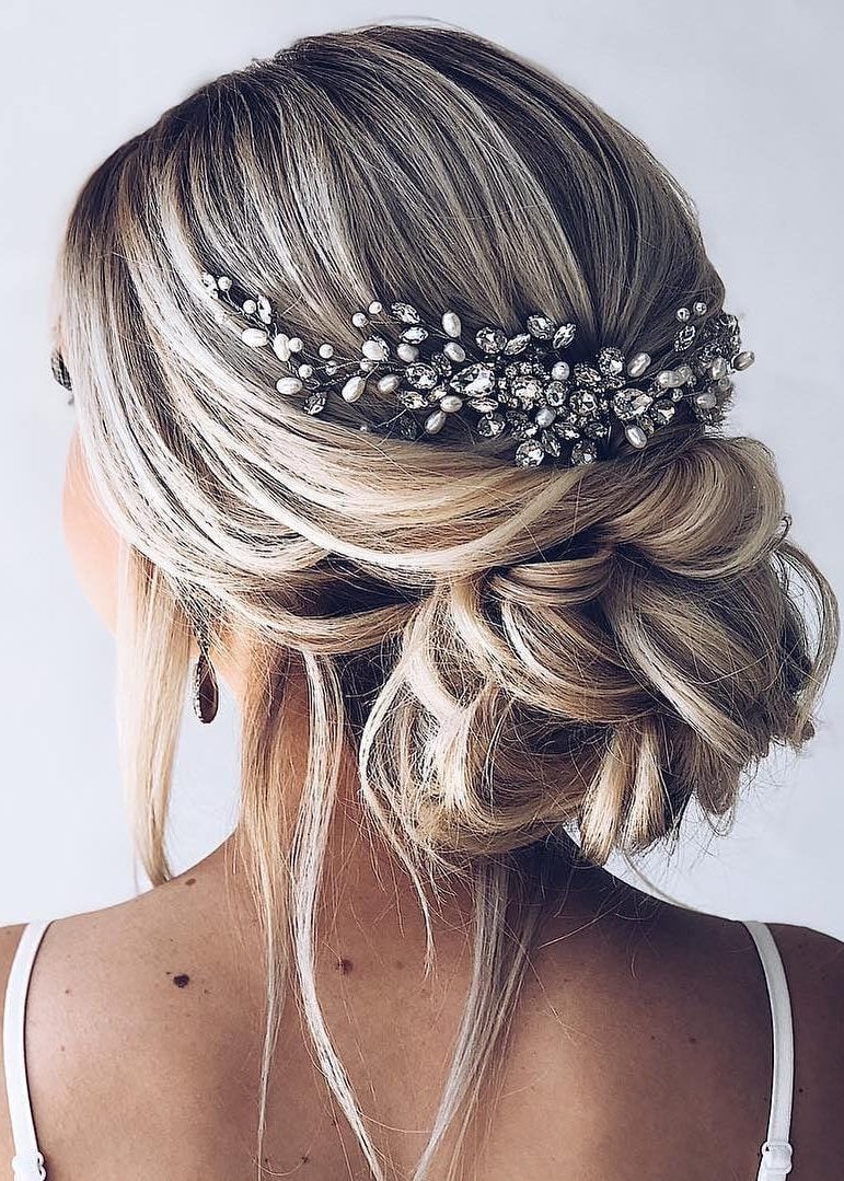 Ash Blonde Textured Low Bun With Accessory Ash Blonde Textured Low Bun With Accessory — Classy Bridesmaid Hair Updo