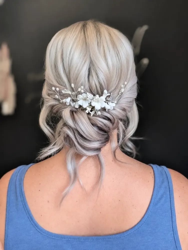 Ash Blonde Updo With Floral Pearl Accessory Ash Blonde Updo With Floral Pearl Accessory — Classy Bridesmaid Hair Updo