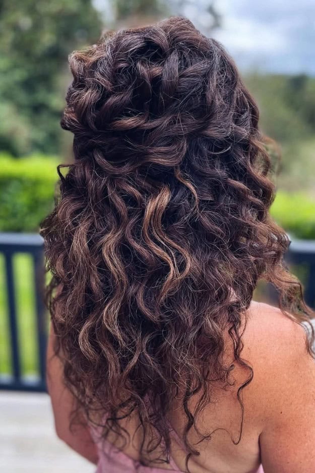 Dark Brown Half Up Half Down With Voluminous Curls, Mid-Back — Classy Bridesmaid Hairstyles Down