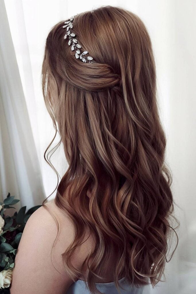 Brown With Blonde Highlights Half Up Half Down — Classy Bridesmaid Hairstyles Down