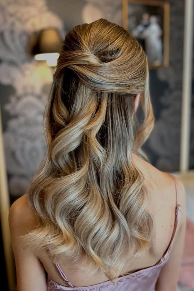 Blonde Balayage Half Up Half Down With Twists — Classy Bridesmaid Hairstyles Down