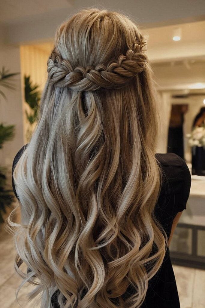 Ash Blonde Half Up Half Down With Braided Crown — Classy Bridesmaid Hairstyles Down