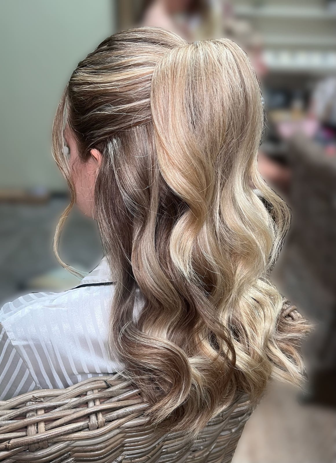 Blonde Balayage Half Up Ponytail With Waves — Classy Bridesmaid Hairstyles Down