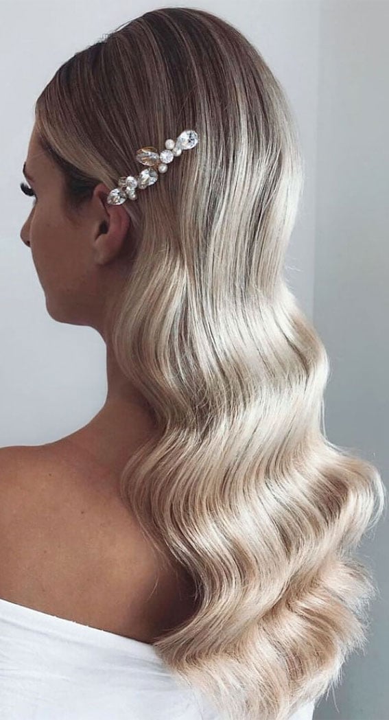 Ash Blonde Mid-Back Hollywood Waves, With A Glossy Finish — Classy Bridesmaid Hairstyles Down