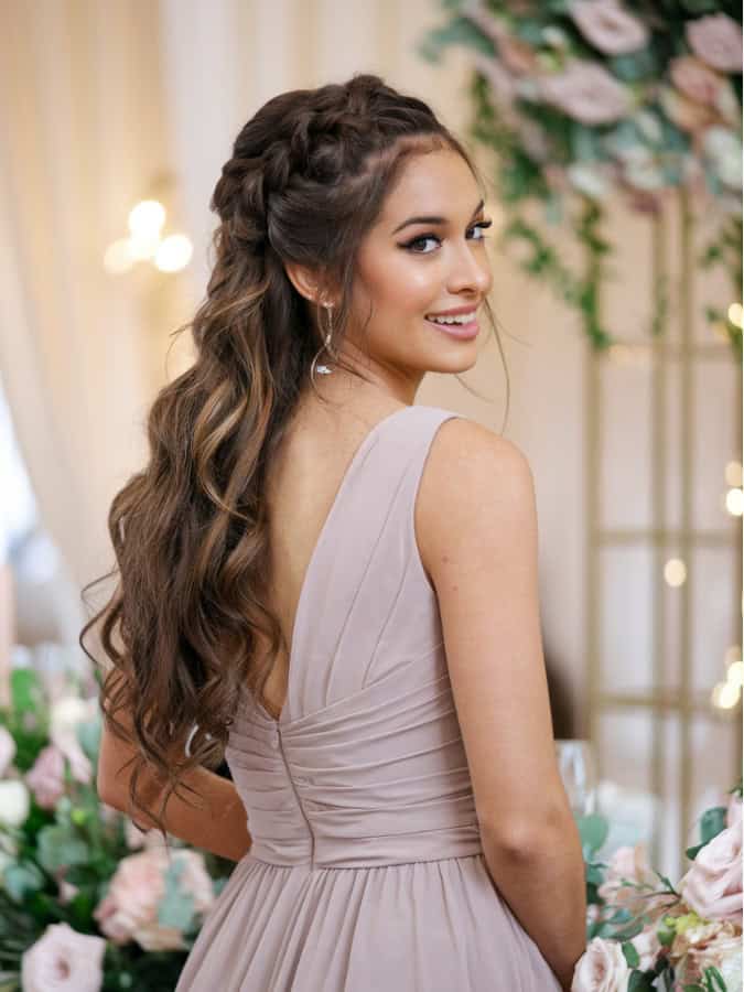 Brunette Half Up Half Down With Braided Crown — Classy Bridesmaid Hairstyles Down
