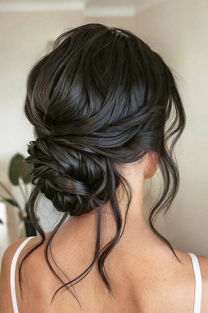 Dark Brown Low Updo With Loose Tendrils Dark Brown Low Updo With Loose Tendrils — Classy Bridesmaid Hairstyles Updo