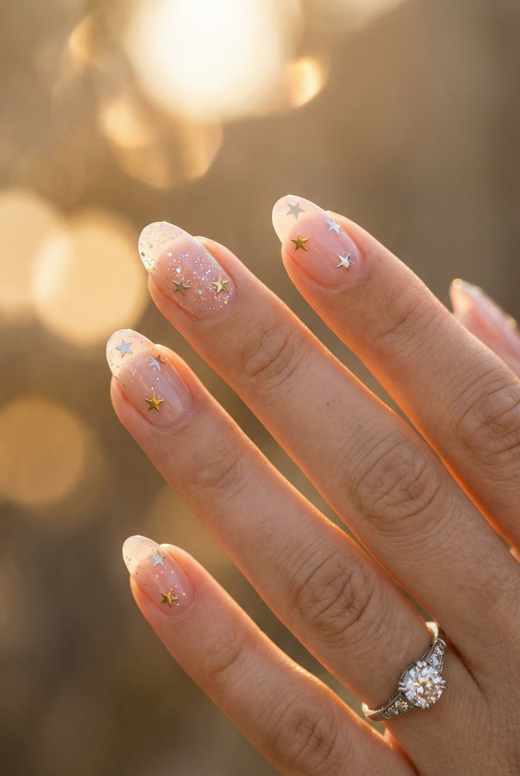 Medium Oval Nude With Gold Silver Star Decals — Classy Bridesmaid Nails