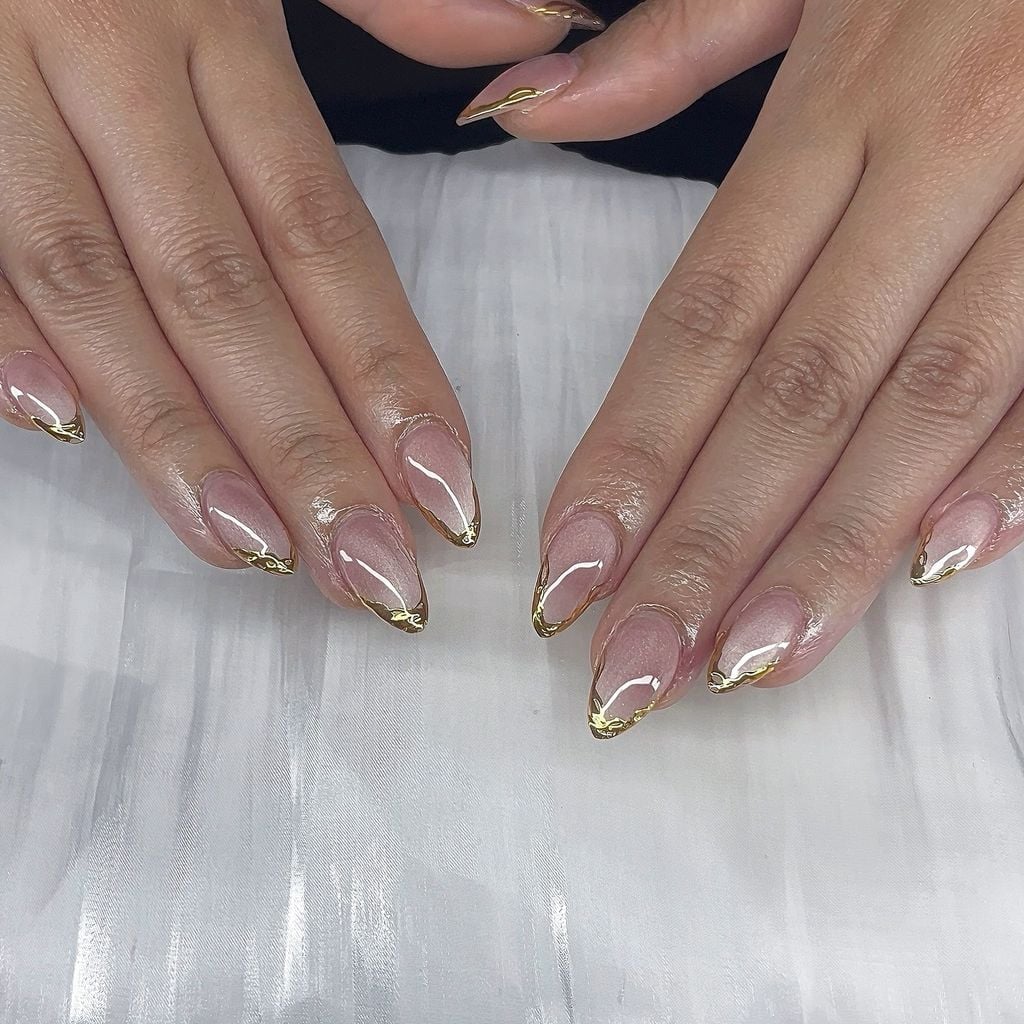 Short Almond Clear Base With Gold Foil French Tips — Classy Bridesmaid Nails