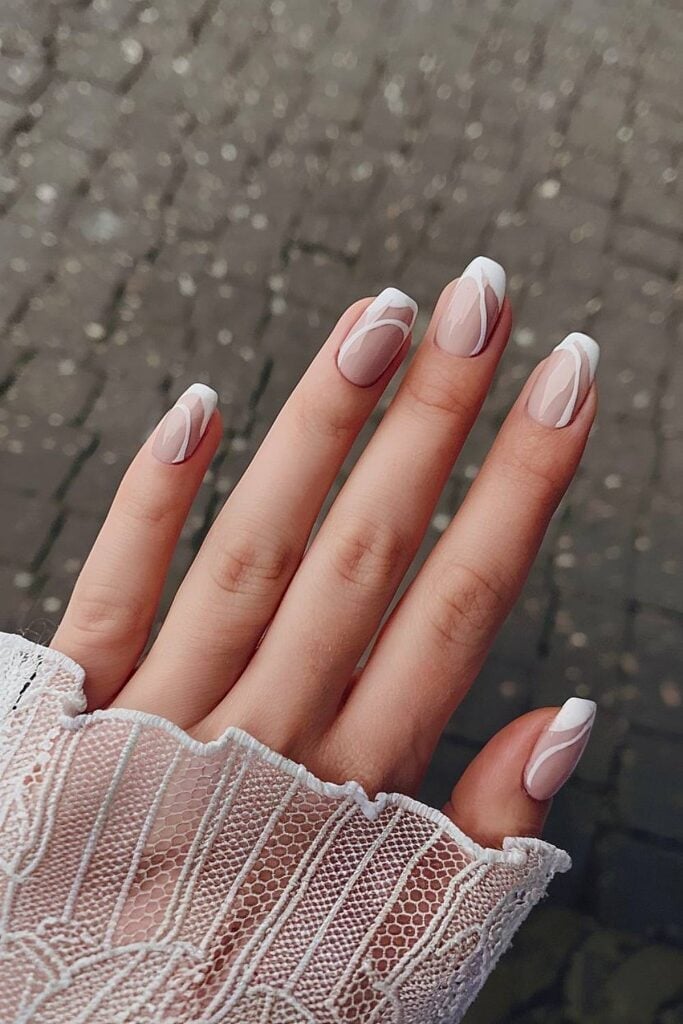 Short Almond Nude With Abstract White Lines — Classy Bridesmaid Nails