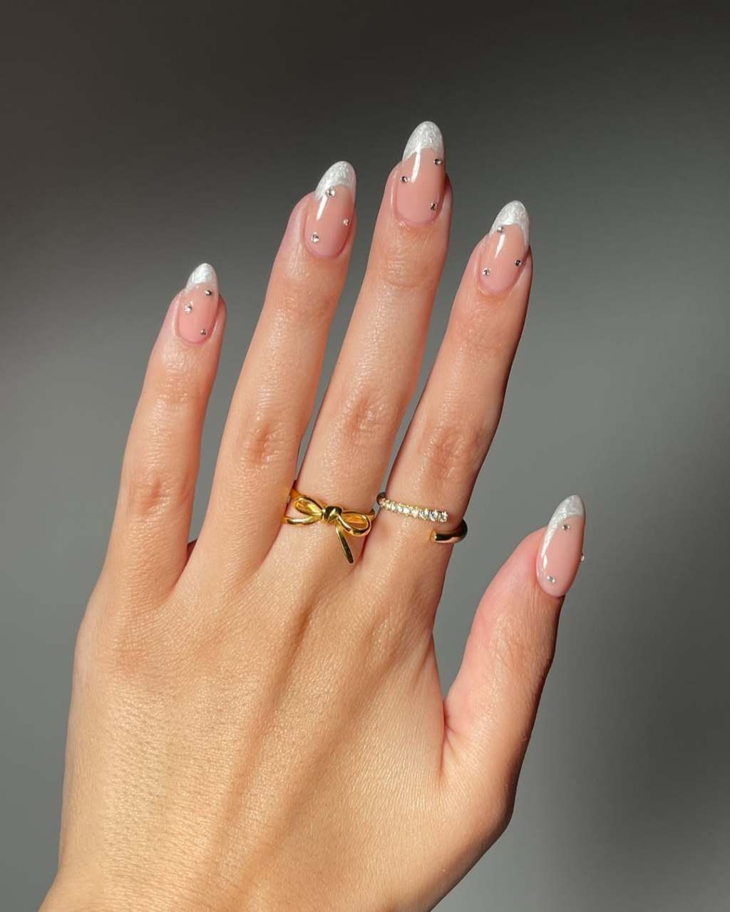 Short Almond Sheer Pink French With Scattered Rhinestones — Classy Bridesmaid Nails