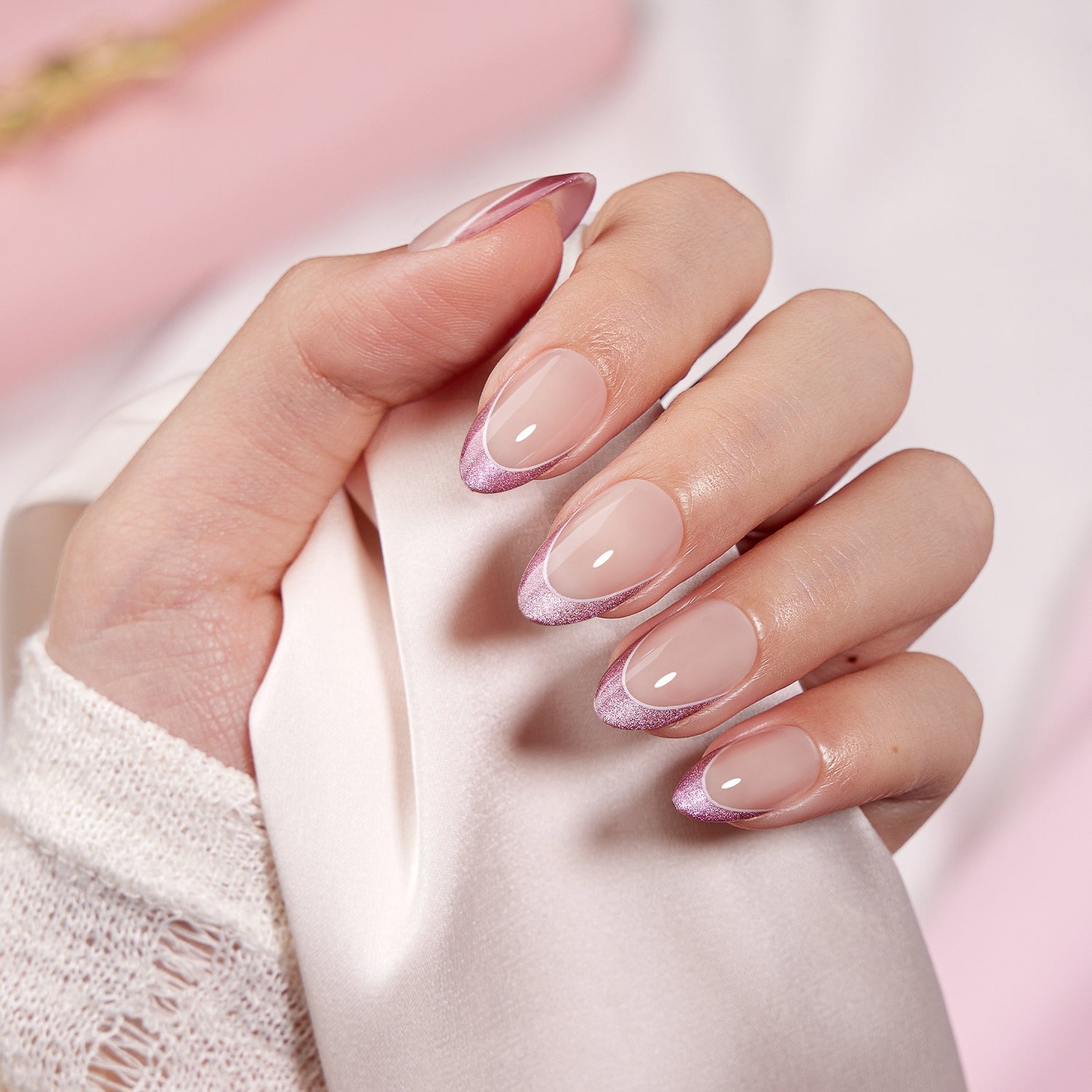 Medium Oval Sheer Nude With Metallic Pink French — Classy Bridesmaid Nails
