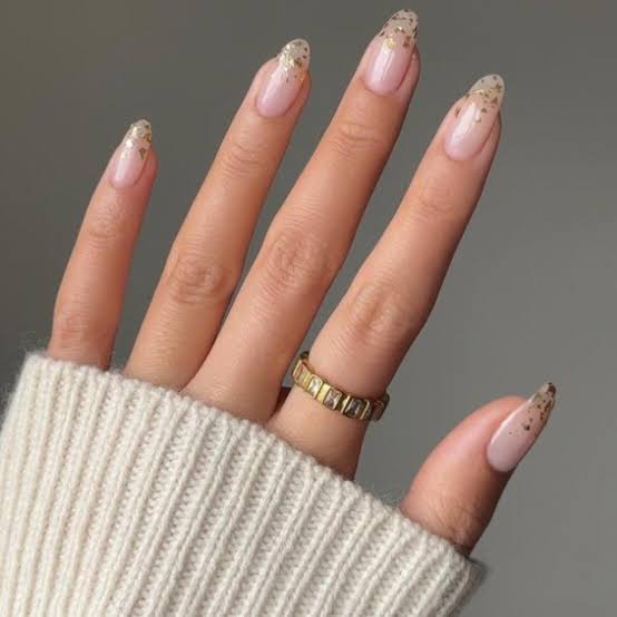 Short Almond Nude With Scattered Gold Foil Flakes — Classy Bridesmaid Nails