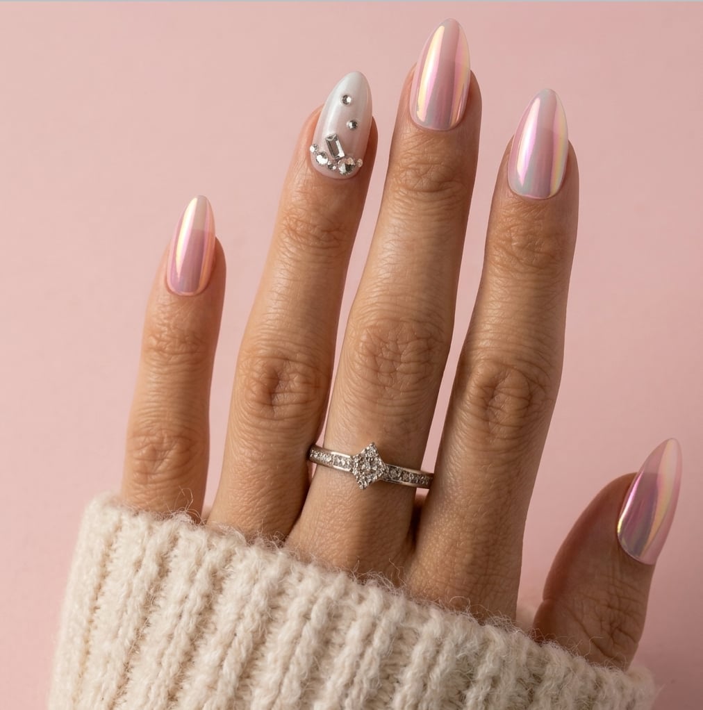 Medium Almond Iridescent Milky White With Embellishments — Classy Bridesmaid Nails
