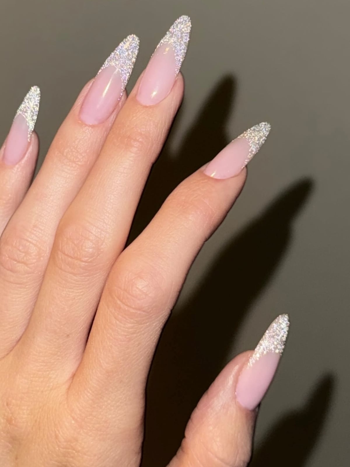 Medium Almond Pale Pink With Silver Glitter French Tips — Classy Bridesmaid Nails